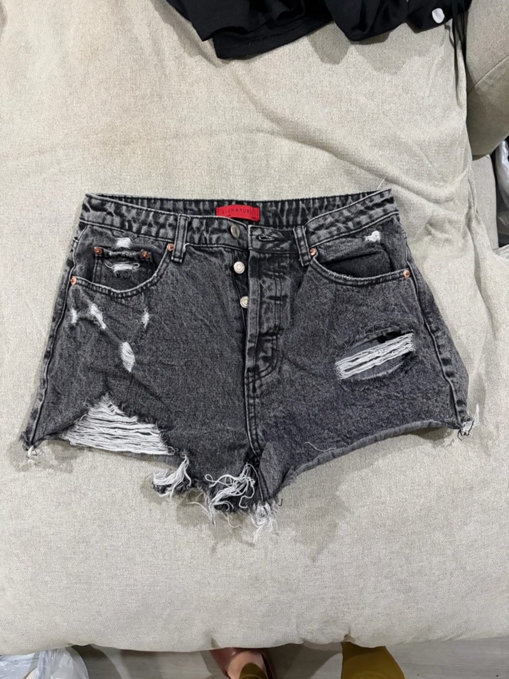 Signature8 Distressed Black-Grey High-Rise Denim Shorts